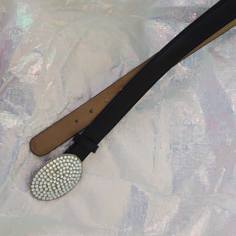 Elegant Black Pearl-Embellished Leather Belt